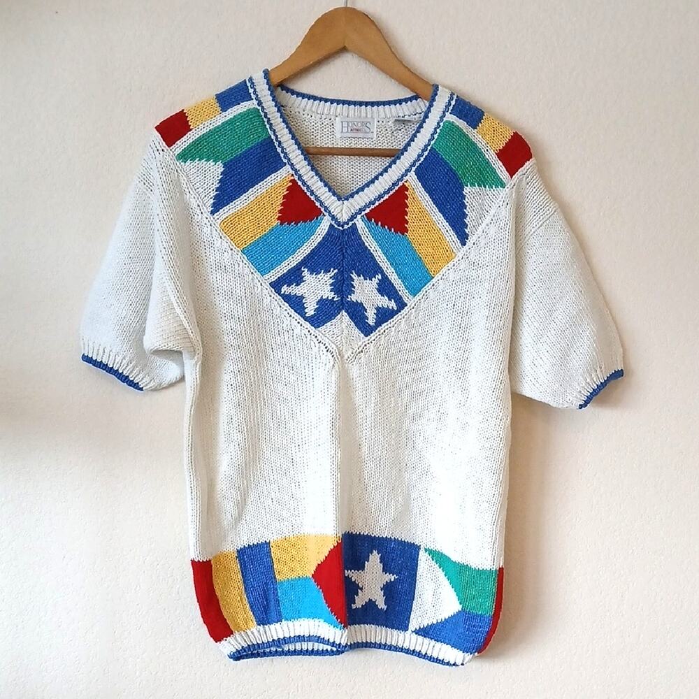 Vintage Honors Short Sleeve Flag Print Sweater V-neck